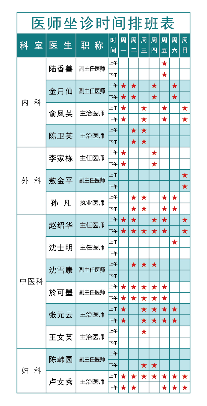 医师坐诊时间排班表